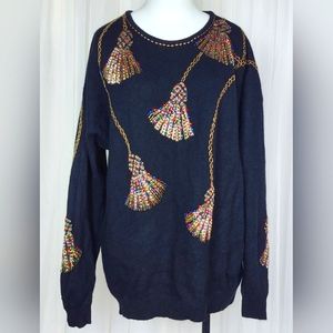 Vintage black knit wool beaded rhinestone Christmas Xmas tunic sweater L/XL
